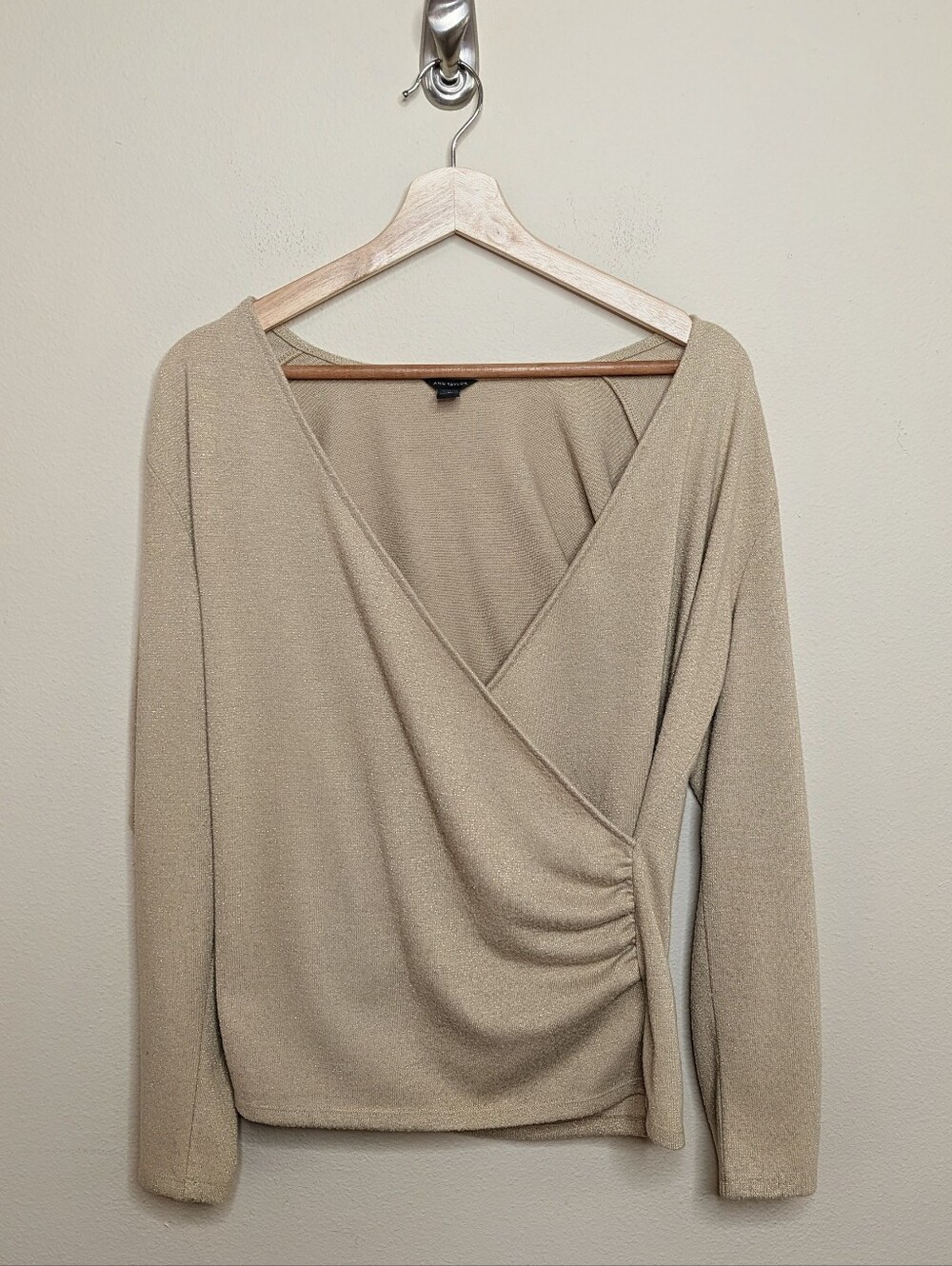 Ann Taylor Gold Metallic Wrap‎ Front Top Long Sleeve Surplice Ruched Size L